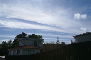 Aerosol trails sprayed in parallel over Whangarei on October 22, 2013.